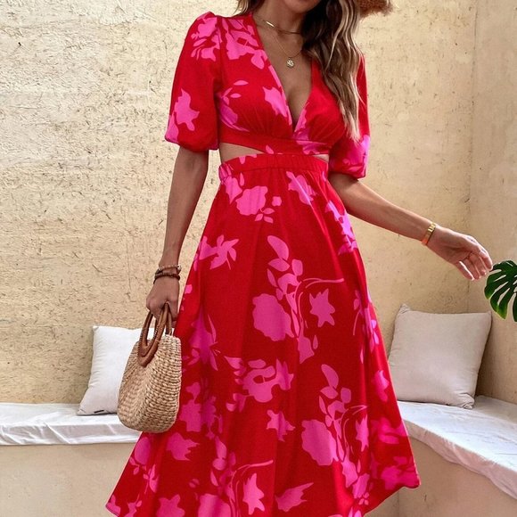 Red Boho Womens Floral Print Puff Sleeve Cut Out Tie Back Dress - Picture 4 of 5